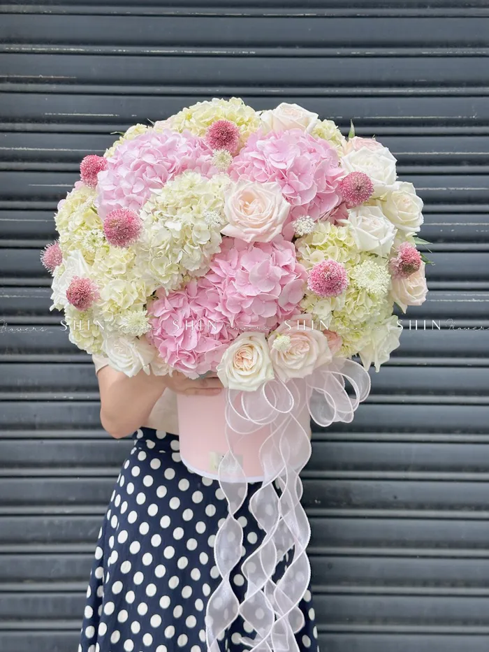 Hộp hoa Cẩm Tú Cầu Hồng mix Trắng H106 - SHIN Flowers