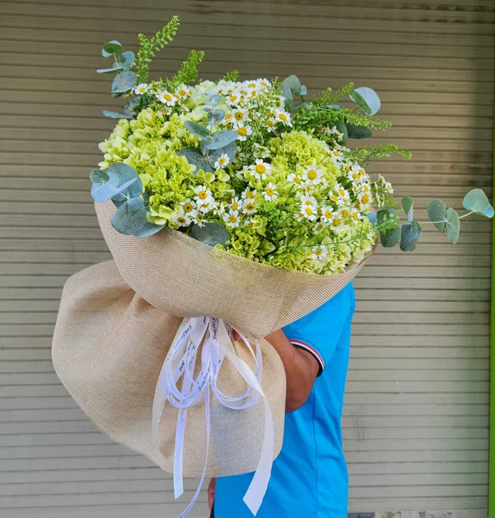 bó hoa cẩm tú cầu xanh lá