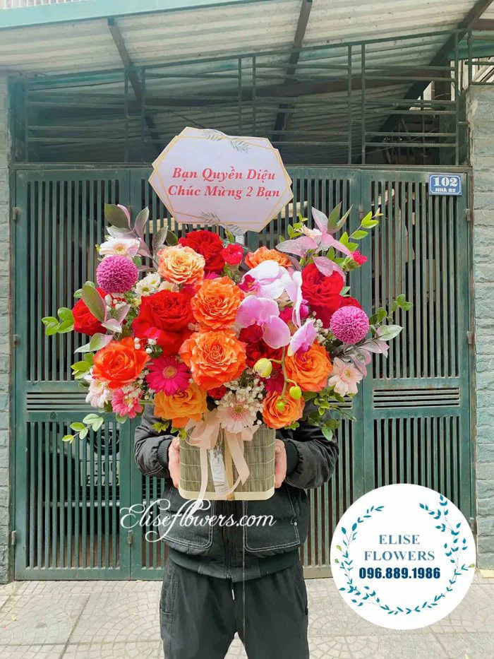 Lẵng hoa chúc mừng sinh nhật công ty | Lẵng hoa tươi màu đỏ rực rỡ |  Lanhodiephanoi.vn