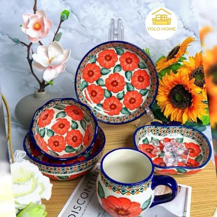 Bộ bát đĩa hoa hải đường đỏ vẽ tay xuất Âu