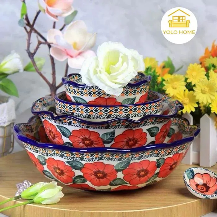 Bộ bát đĩa hoa hải đường đỏ vẽ tay xuất Âu