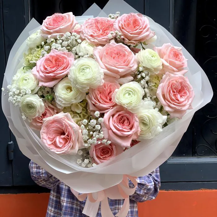 Bó Hoa hồng ohara mix cùng mao lương trắng