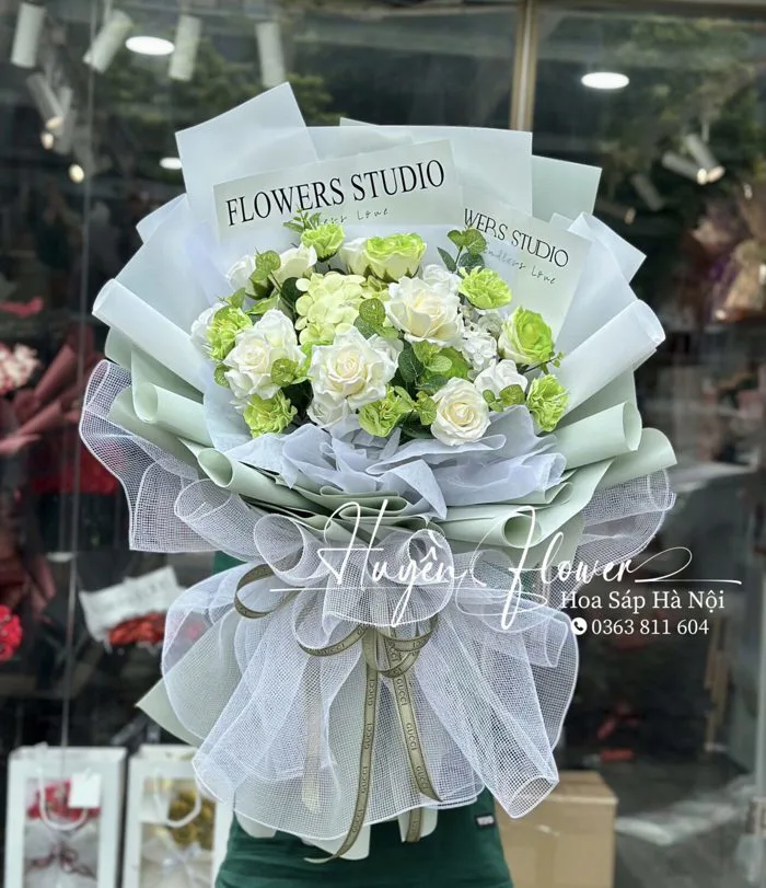 Bó hoa sáp cao cấp tông hồng xanh cốm - Hoa Sáp Hà Nội - Huyền Flower