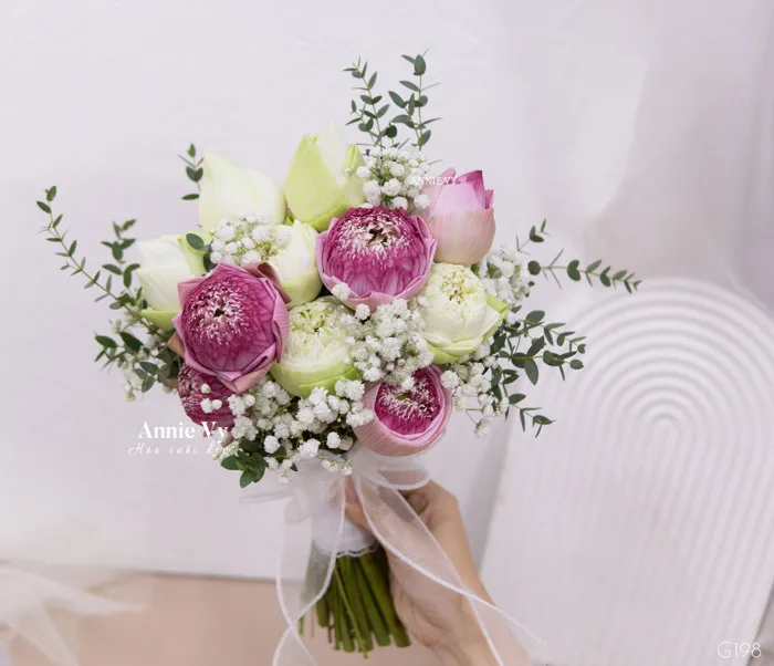Hoa Cưới Sen Hồng Mix Sen Trắng, Baby, Lá Bạc Nhí G198 - Annie Vy Flower