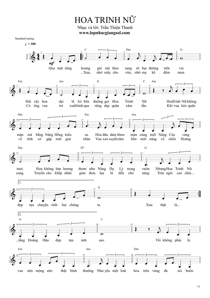 Sheet nhạc Hoa Trinh Nữ miễn phí - Nguyễn Xuân Tùng