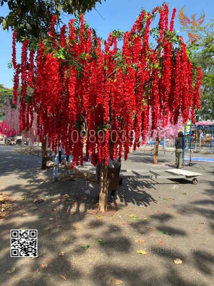 Cây Hoa Tử Đằng Giả Hoa Đỏ - Cho Thuê Cây Tử Đằng Giả Hoa Đỏ