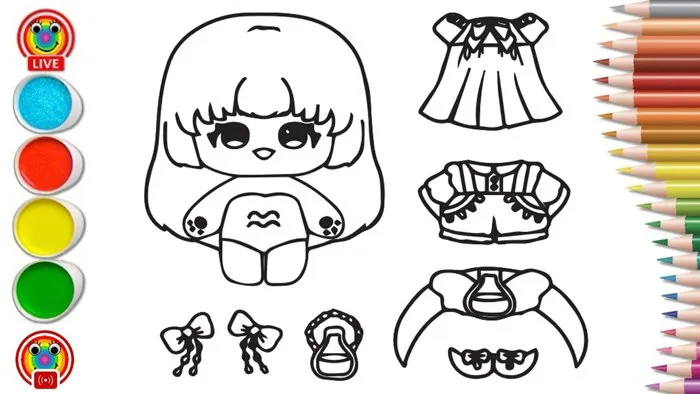 Trang tô màu Búp bê giấy và trang phục - Paper Doll and Outfits Coloring  Pages for kids