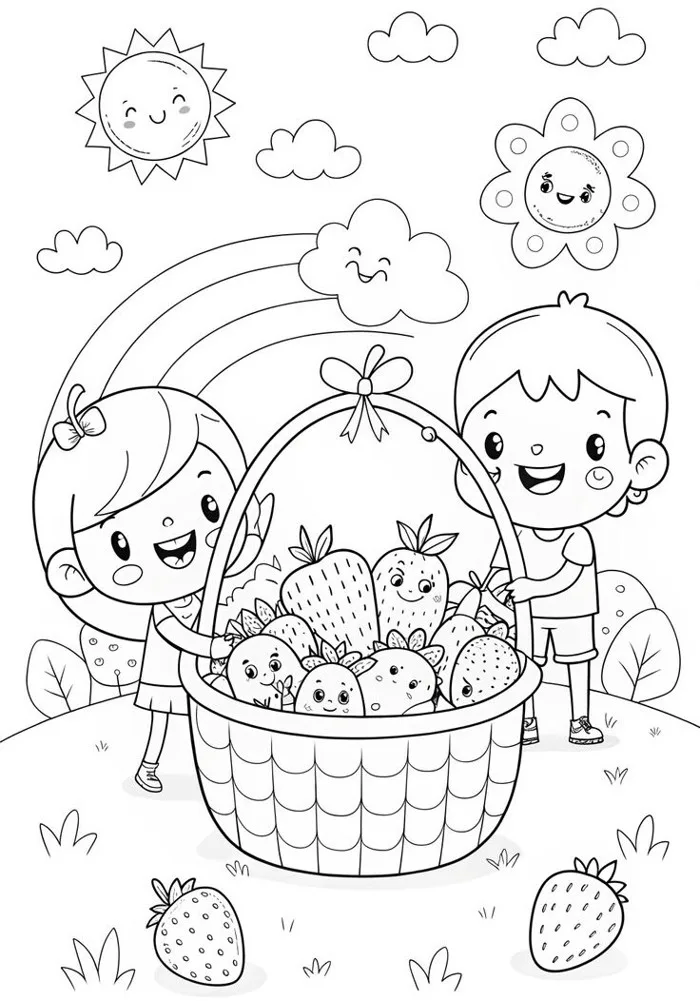 20 bức tranh tô màu rau củ, trái cây có khuôn mặt cười ngộ nghĩnh, bé vừa  chơi vừa học về thực phẩm
