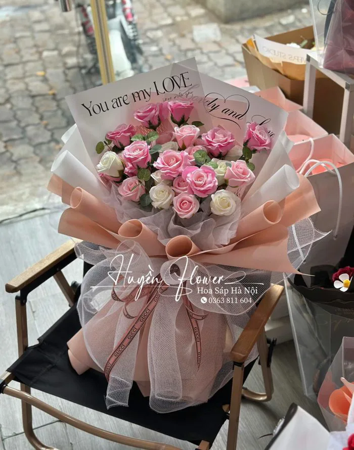 Bó hoa sáp tông hồng mix dáng dài - Hoa Sáp Hà Nội - Huyền Flower