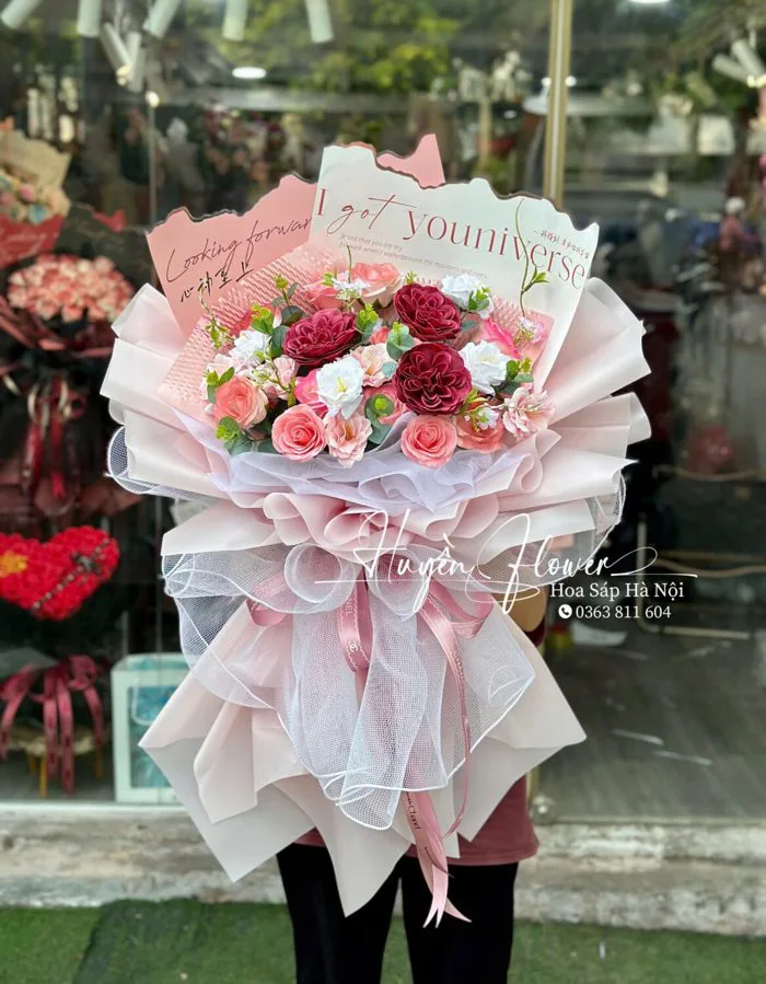 Bó hoa sáp cao cấp tông hồng dáng dài - Hoa Sáp Hà Nội - Huyền Flower