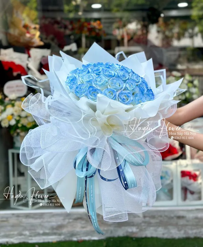 Bó hoa hồng sáp xanh dương tròn xòe - Hoa Sáp Hà Nội - Huyền Flower