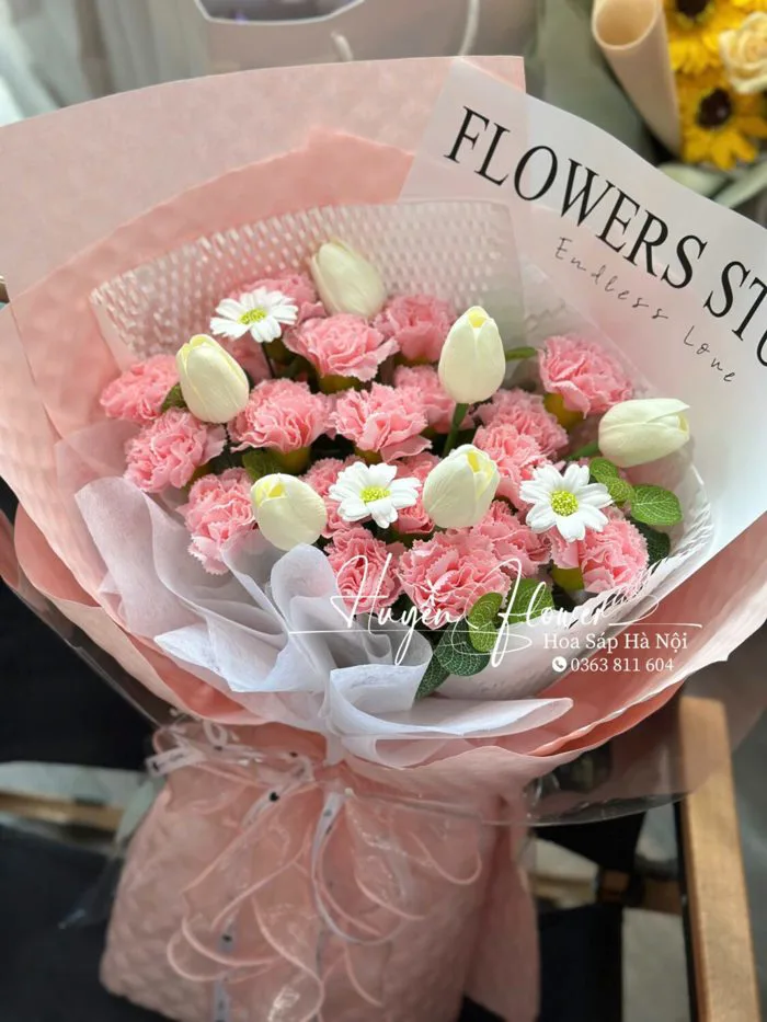 Bó hoa sáp cẩm chướng mix tulip - Hoa Sáp Hà Nội - Huyền Flower