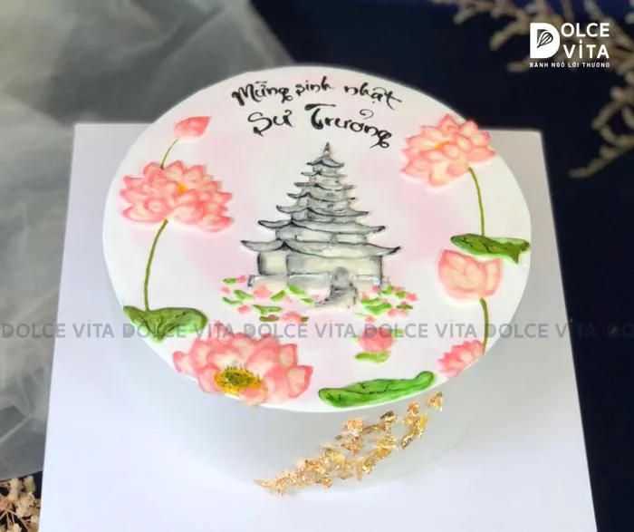 Bánh Sinh Nhật Vẽ hoa sen - tháp chùa tặng Hu... | Dolce Vita Q7