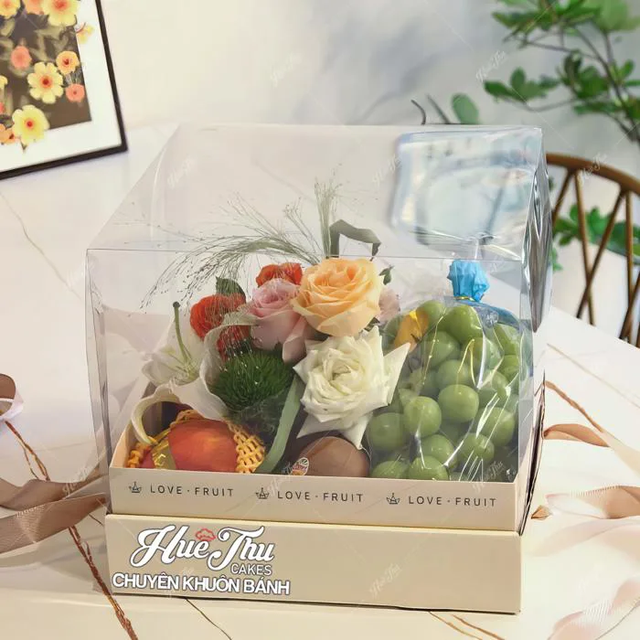 Hộp đựng Bánh Rau Câu Bó Hoa, hộp đựng Hoa Quả, Trái Cây Làm Quà Tặng, quai  lụa cao cấp kèm nắp mica trong suốt