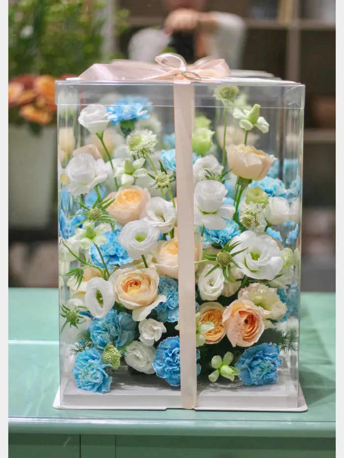 POEM FLOWERS - Hoa sinh nhật - hộp hoa mica trong suốt tone xanh cam sang  trọng tặng đối tác